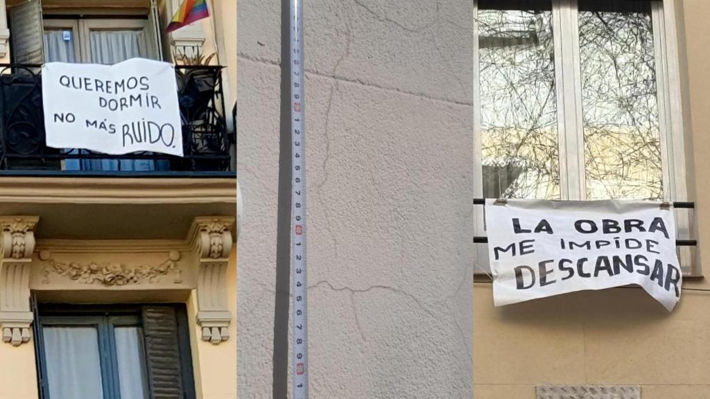 Carteles en protesta de las obras de la L11 de Metro y las grietas de una vivienda.