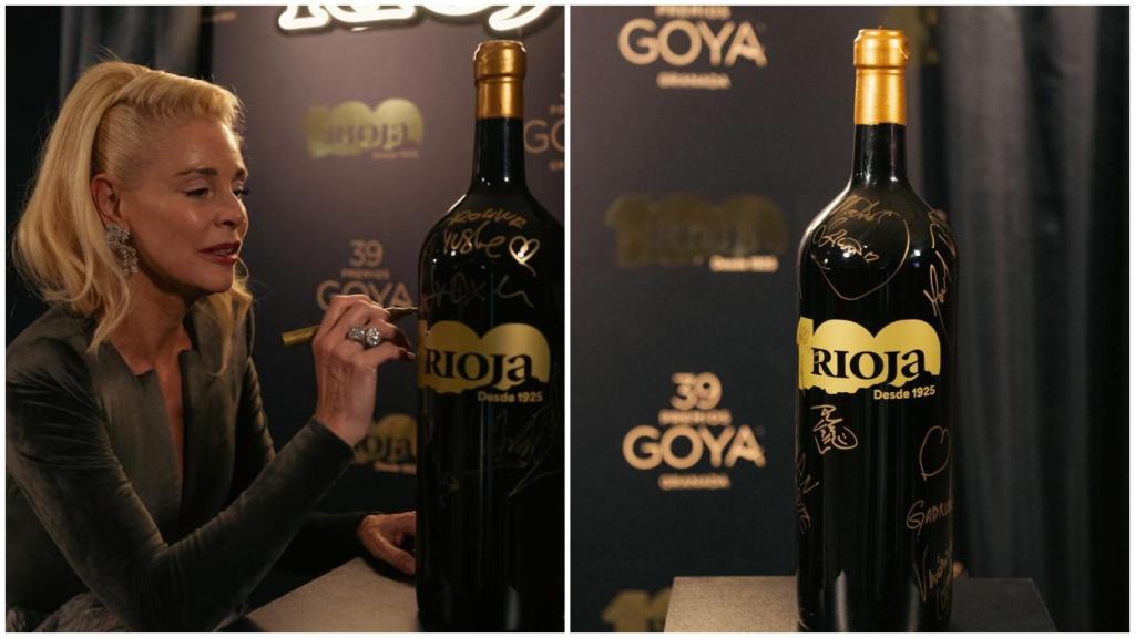 Botella de vino de Rioja firmada en los Goya.