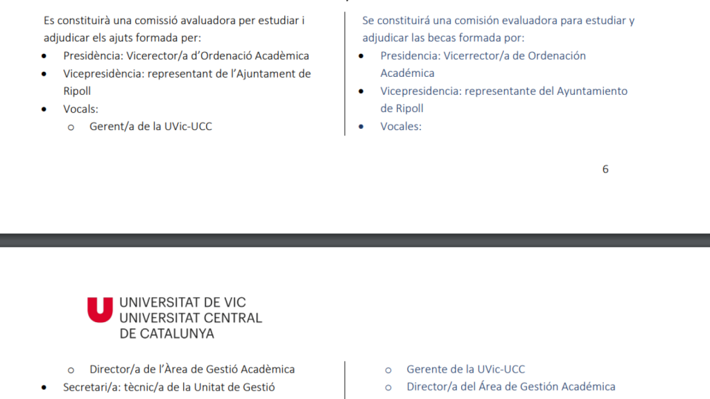 Fragmento de las bases reguladoras de la beca en la que se señala quienes integran la comisión que la concede.