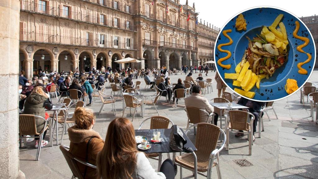 Los ciudadanos en un bar de la Plaza Mayor y la imagen de un plato vegano