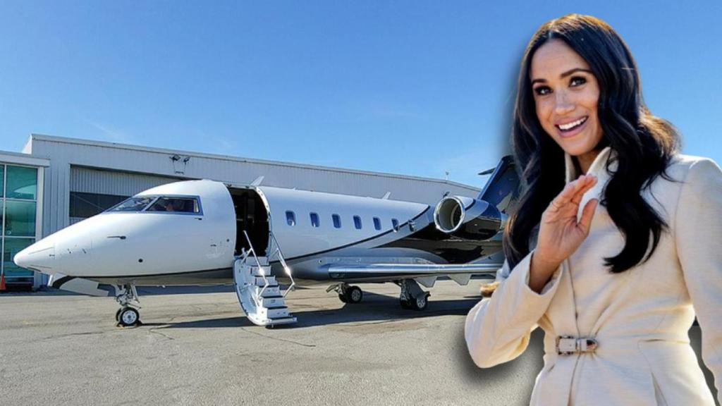 Meghan Markle junto al jet privado en el que ha viajado en un montaje de JALEOS.
