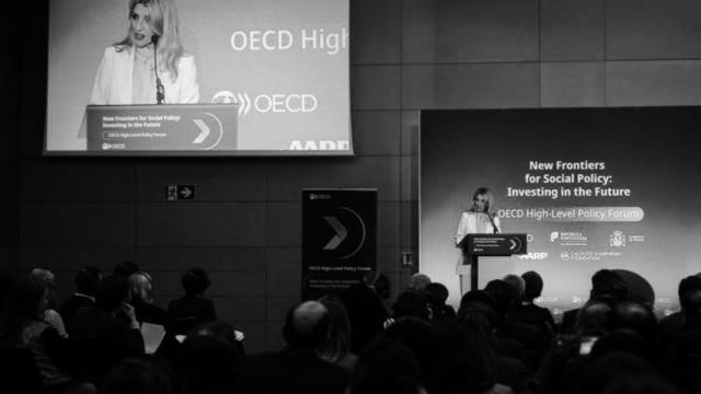 Yolanda Díaz, vicepresidenta segunda y ministra de Trabajo, durante una intervención en la OCDE este jueves.