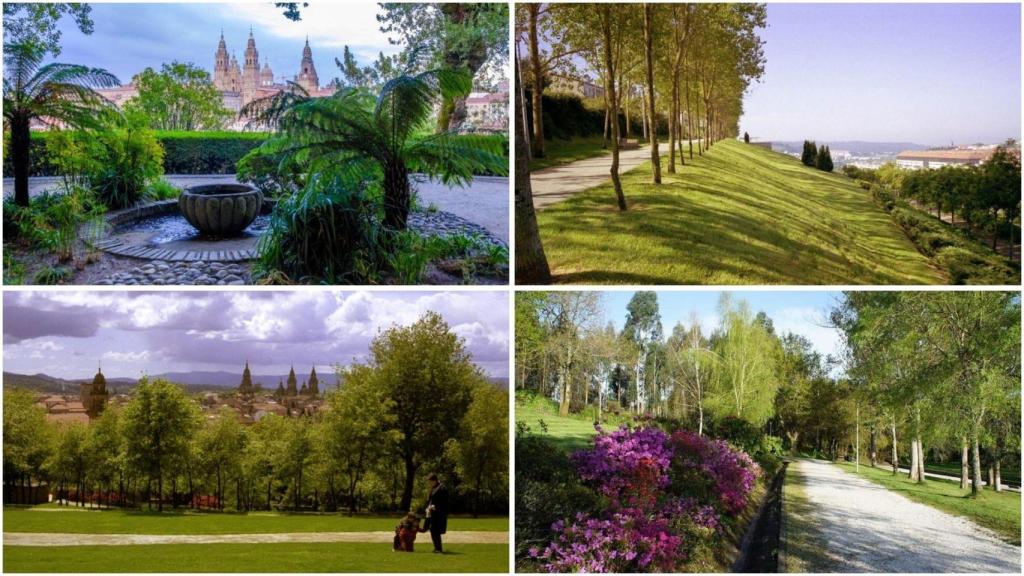 Arriba a la izquierda, la Alameda y, a la derecha, el parque de Carlomagno. Debajo a la izquierda, Bonaval y,  a la derecha, el parque Eugenio Granell.