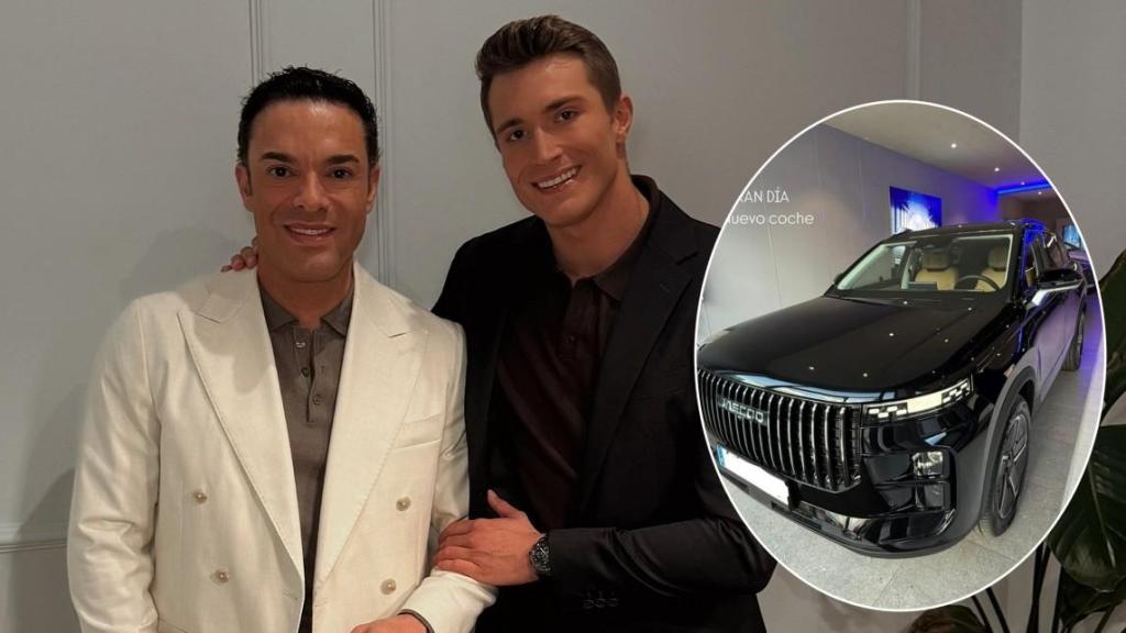 Antonio Rossi y Hugo Fuertes junto a su nuevo coche en un montaje de Jaleos.