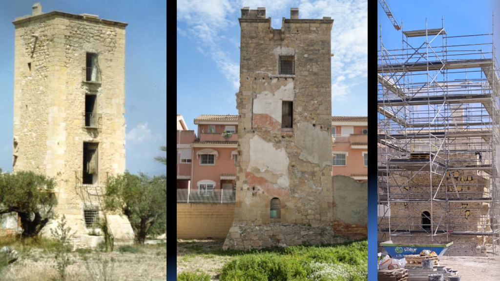 La Torre Placia de Alicante antes del año 2000, hasta el pasado mes de enero, y en la actualidad.