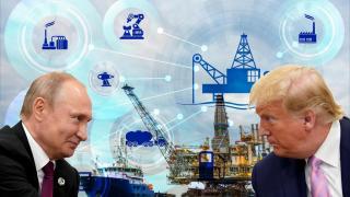 Fotomontaje de Vladimir Putin, presidente de Rusia, y Donald Trump, presidente de Estados Unidos, con un fondo sobre el sector del oil&gas mundial
