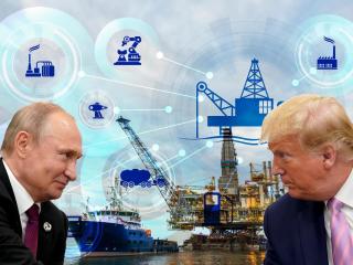Fotomontaje de Vladimir Putin, presidente de Rusia, y Donald Trump, presidente de Estados Unidos, con un fondo sobre el sector del oil&gas mundial