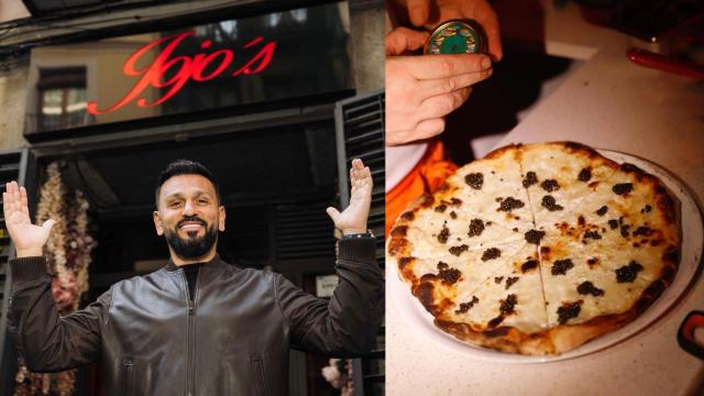 Joe Fournier en la puerta de su pizzería Jojo’s y su pizza de caviar de 100 euros.