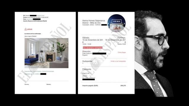 Fotomontaje con el rostro de Aldama y dos documentos que acreditan la reserva de pisos de alquiler turístico.