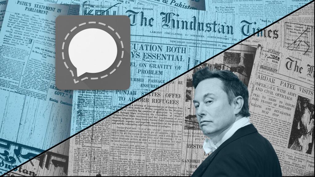 Fotomontaje con el logo de Signal y la cara de Musk.