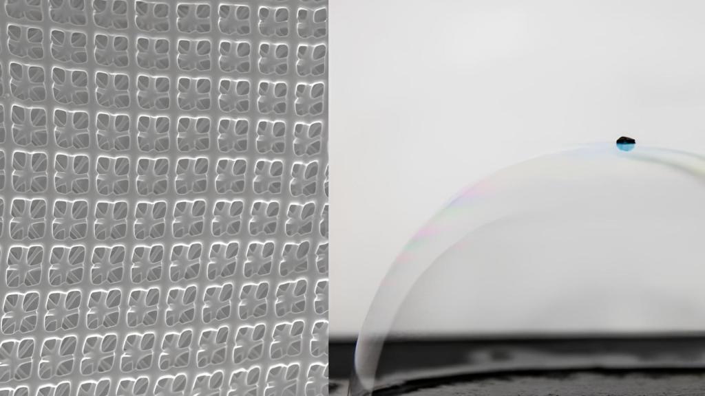 A la izq., la geometría del material, a la dcha.,  el material resultante flotando en una burbuja.