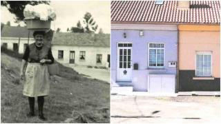 Foto antigua de una mujer en O Castelo, parroquia de Oleiros, y fotografía reciente de las casas del fondo.