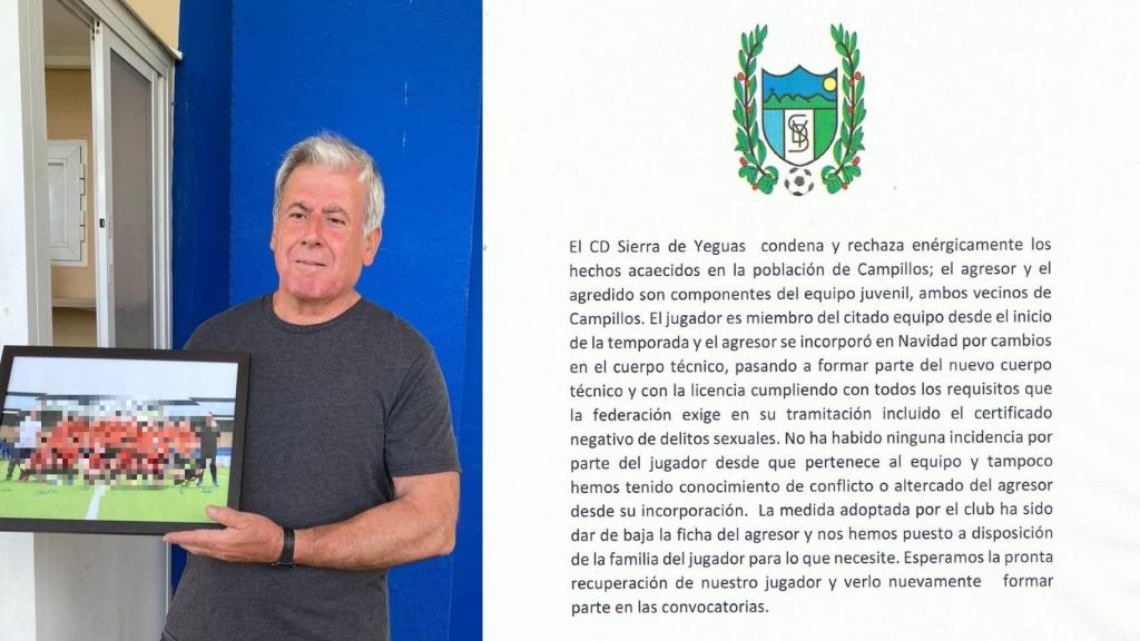 Pedro L. E., el entrenador de fútbol base detenido por la Guardia Civil por apuñalar a uno de sus jugadores de 16 años. Al lado, el comunicado emitido por la ACD Sierra de Yeguas.: Lo acosaba a cada instante