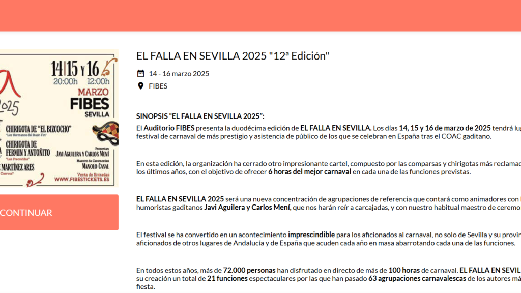 Página principal donde adquirir las entradas para El Falla en Sevilla 2025.