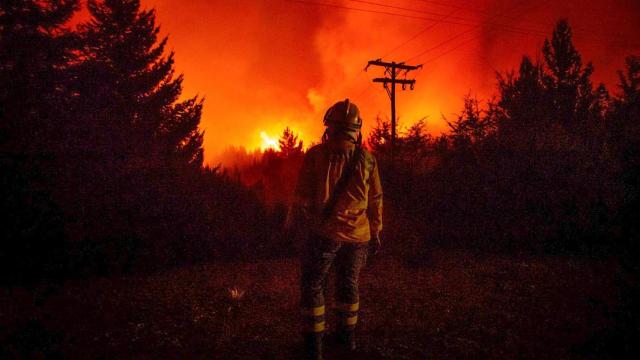 Un bombero observa uno de los incendios en Río Negro, Argentina.