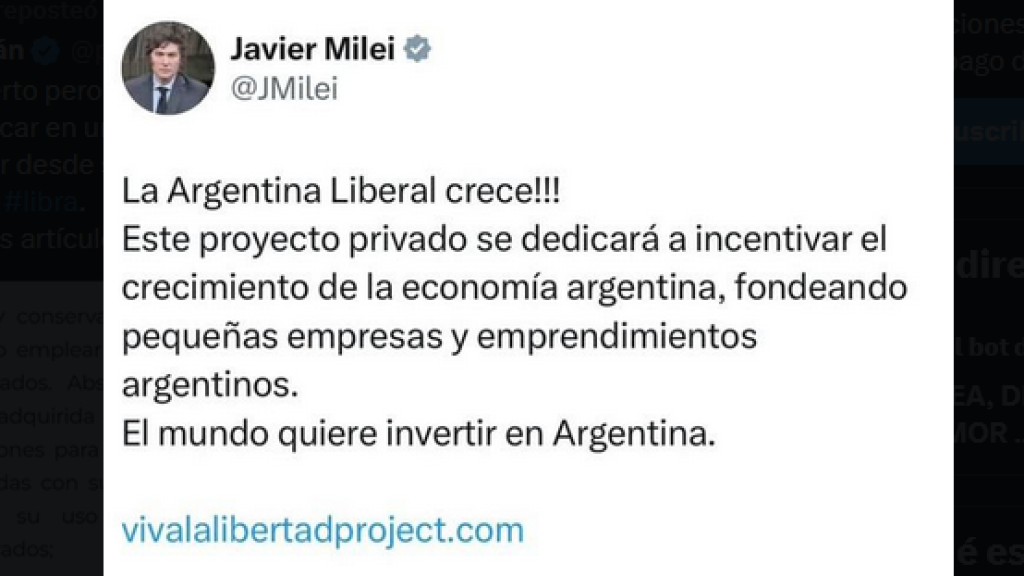 Mensaje de Milei publicado en X promocionando la criptomoneda.