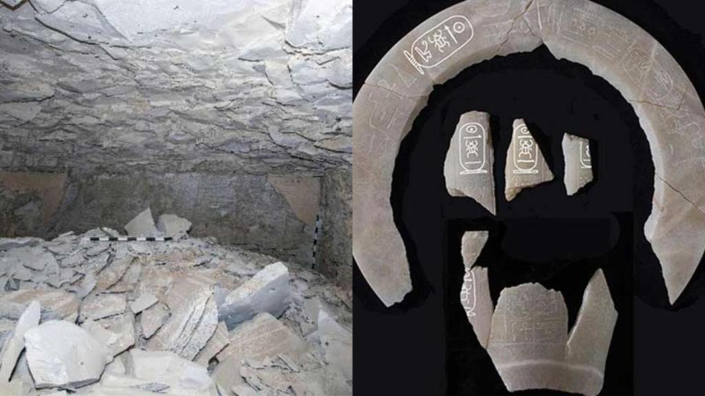 A la izquierda, el mausoleo descubierto por el equipo anglo-egipcio. A la derecha, fragmentos de vajilla de alabastro con inscripciones. Foto: Ministry of Tourism and Antiquities