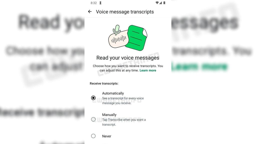 Captura de las opciones para transcribir notas de voz a texto