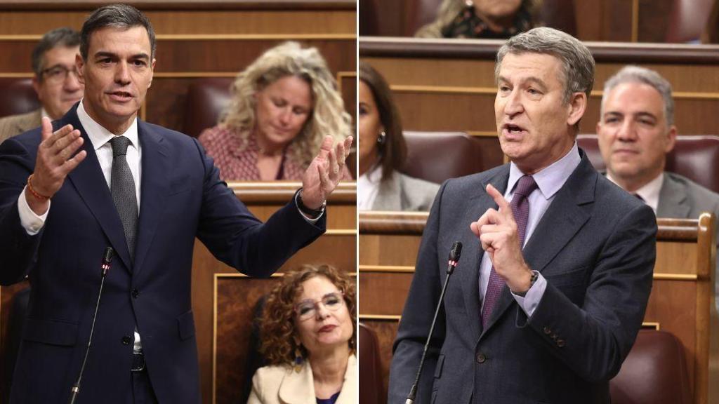 El presidente del Gobierno, Pedro Sánchez, y el líder del PP, Alberto Núñez Feijóo, este miércoles en el Congreso.