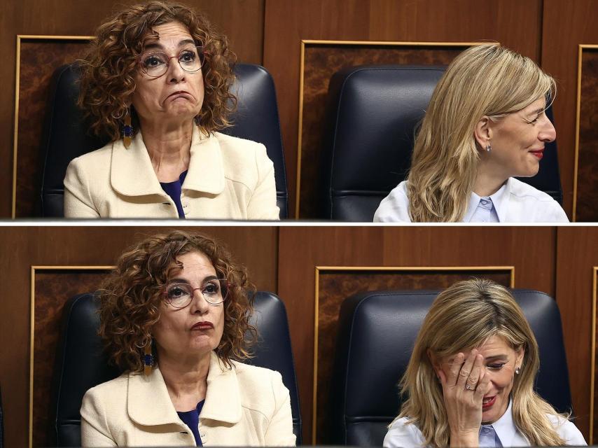 María Jesús Montero y Yolanda Díaz, gesticulando en sus escaños, este miércoles en el Congreso de los Diputados.