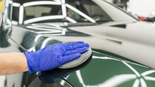 Profesional aplicando cera en el coche.