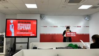 Pepa Bermudo en rueda de prensa sobre la brecha salarial en la provincia de Sevilla.
