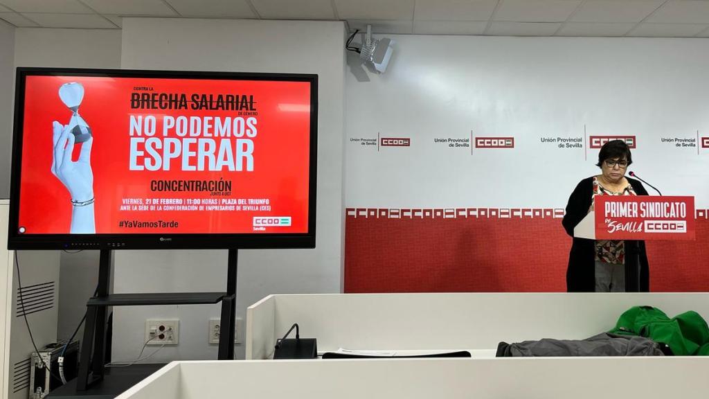 Pepa Bermudo en rueda de prensa sobre la brecha salarial en la provincia de Sevilla.