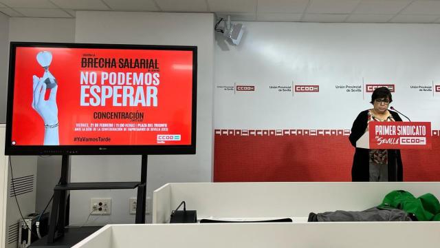 Pepa Bermudo en rueda de prensa sobre la brecha salarial en la provincia de Sevilla.