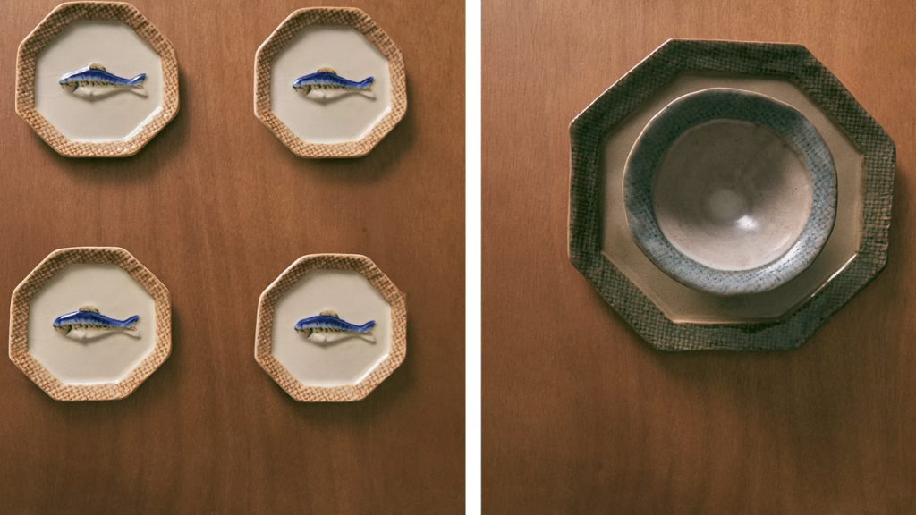 Vajilla cerámica borde cuadros.