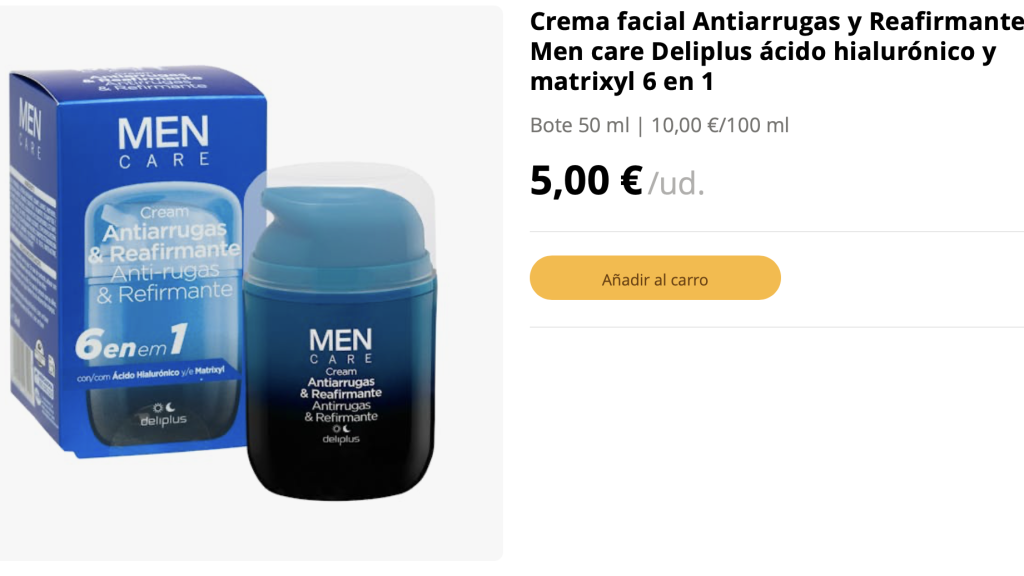 Crema facial Antiarrugas y Reafirmante Men care Deliplus.