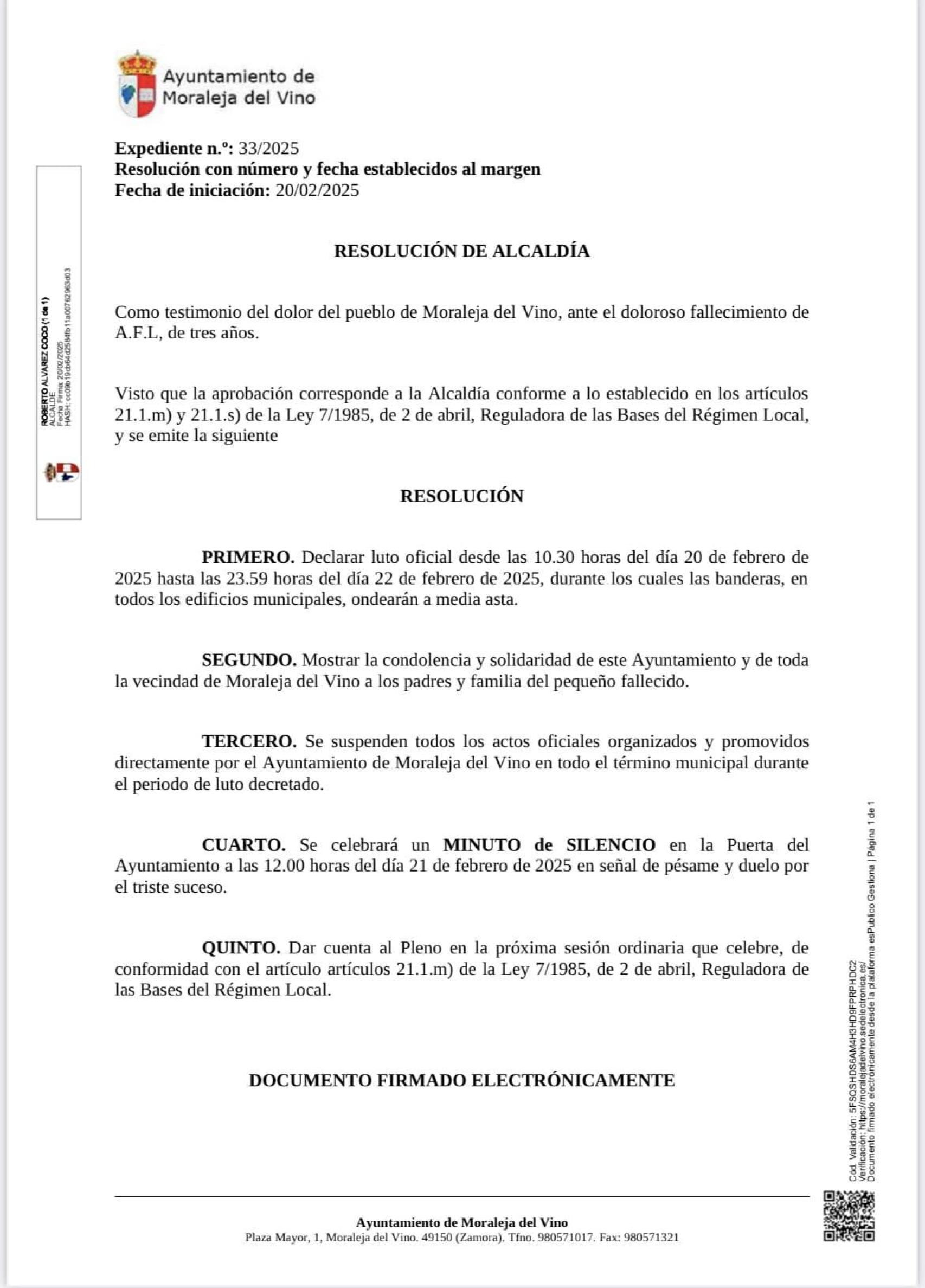 Resolución emitida por el Ayuntamiento de Moraleja del Vino por el fallecimiento del menor