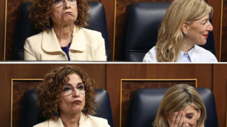 María Jesús Montero y Yolanda Díaz, gesticulando en sus escaños, este miércoles en el Congreso de los Diputados.