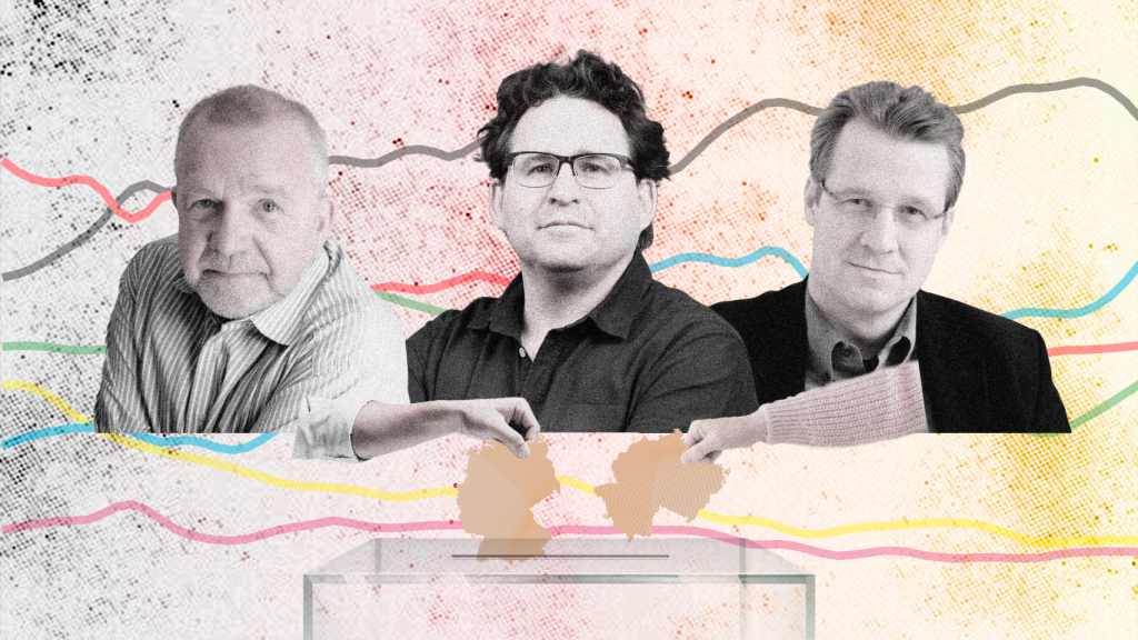 De izquierda a derecha, los pensadores germanos Rüdiger Safranksi, Wolfram Eilenberger y Philipp Blom. Diseño: Rubén Vique