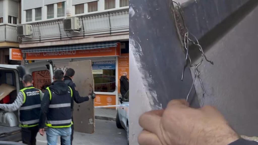 La tabla que protegía el hueco del ascensor y el alambre que la sujetaba.