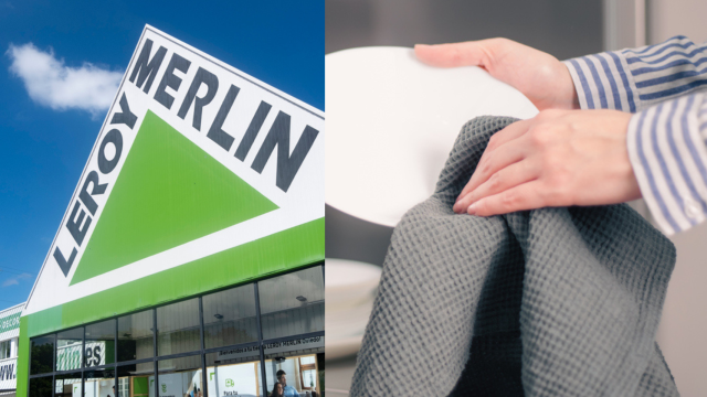 Centro de Leroy Merlin y una persona secando platos.