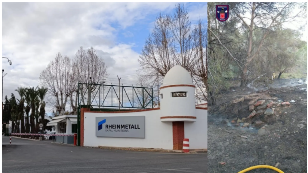 A la izquierda, la entrada principal a la fábrica de Rheinmetall Expal Munitions, situada en la pedanía murciana de Javalí Viejo, y a la derecha, una foto de los restos del incendio producido por la deflagración el pasado 30 de enero.