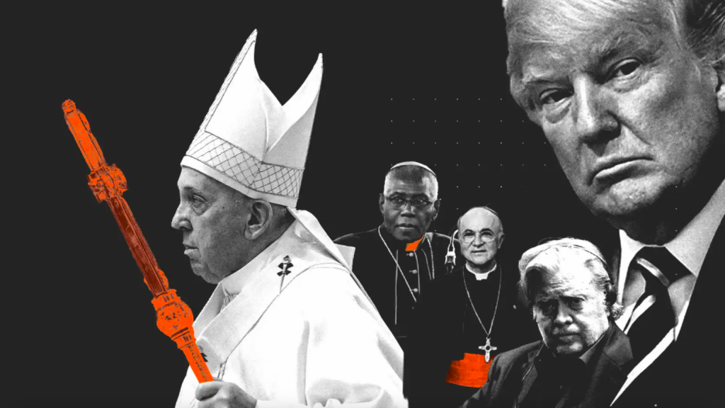 El Papa Francisco y, detrás, sus detractores, el cardenal nigeriano Robert Sarah, el arzobispo Carlo Maria Viganò, Steve Bannon y Donald Trump.