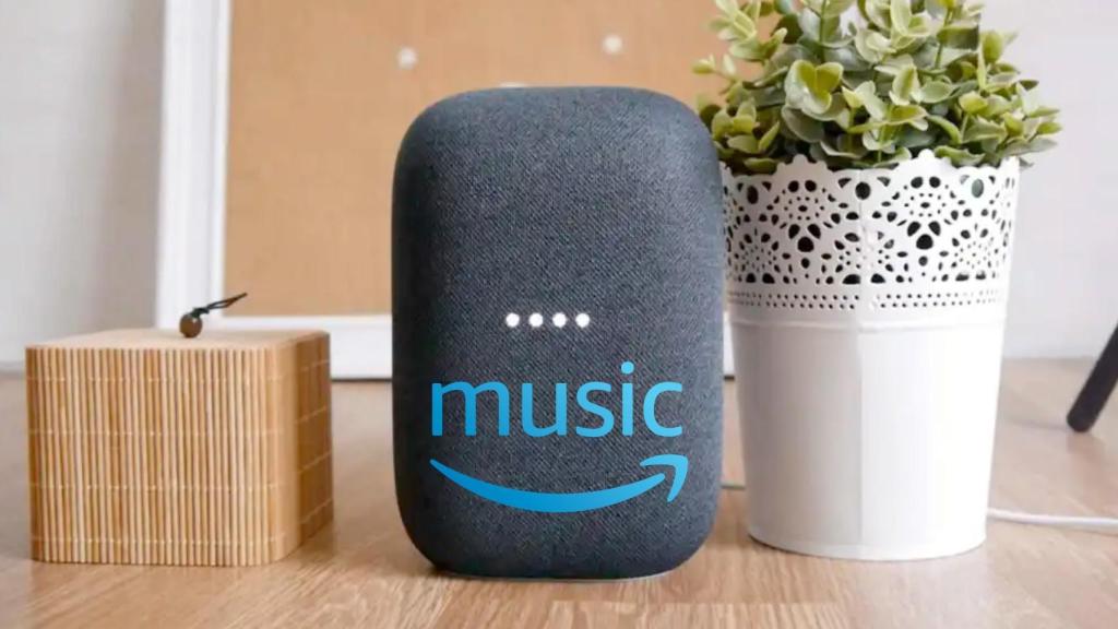 Altavoz de Google y logo de Amazon Music