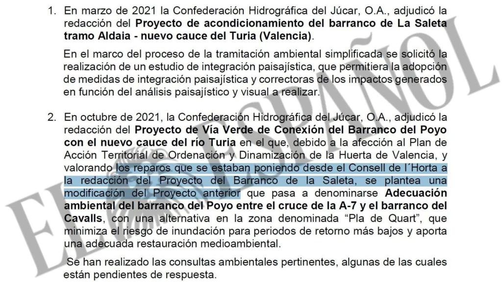 Documento en el que la CHJ reconoce que la Ley de la Huerta obligó a rehacer los proyectos para el Poyo. EE