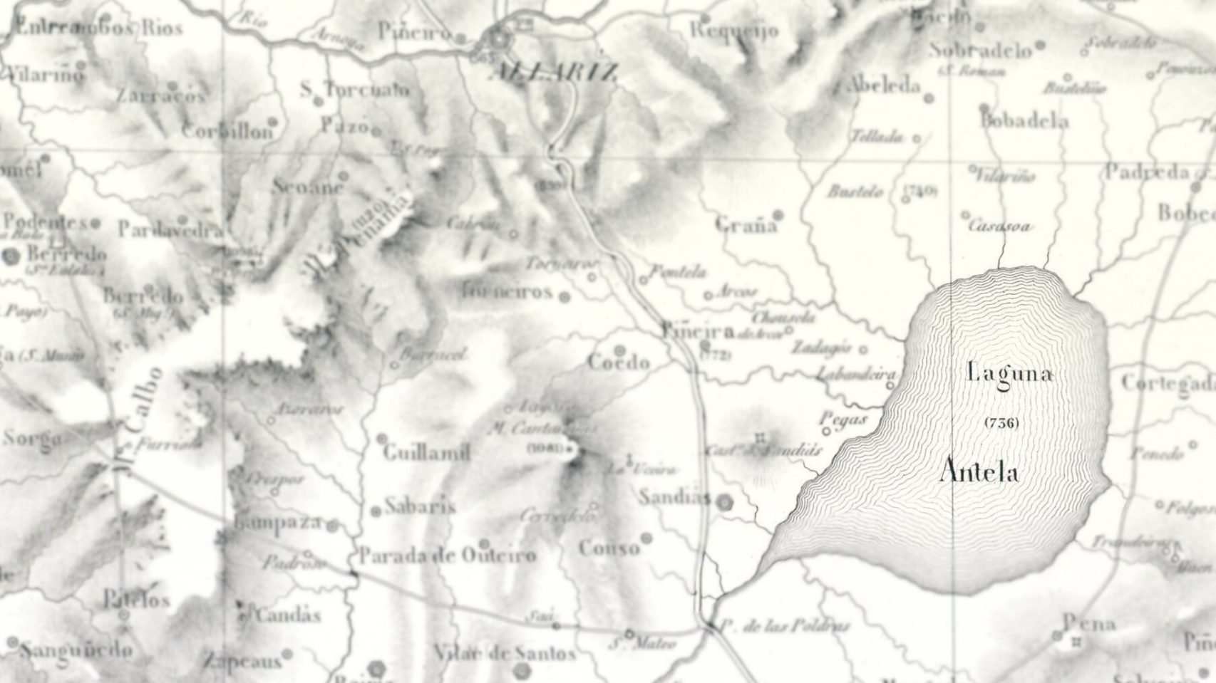 Lagoa de Antela en la Carta Geométrica de Galicia de Domingo Fontán. https://es.wikipedia.org