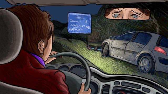 Ilustración de la escena del crimen de Arturo Torró, que fue encontrado por su pareja con un tiro en el pecho junto a su coche en una cuneta.