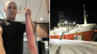 Gustavo en las cocinas del barco pesquero noruego.