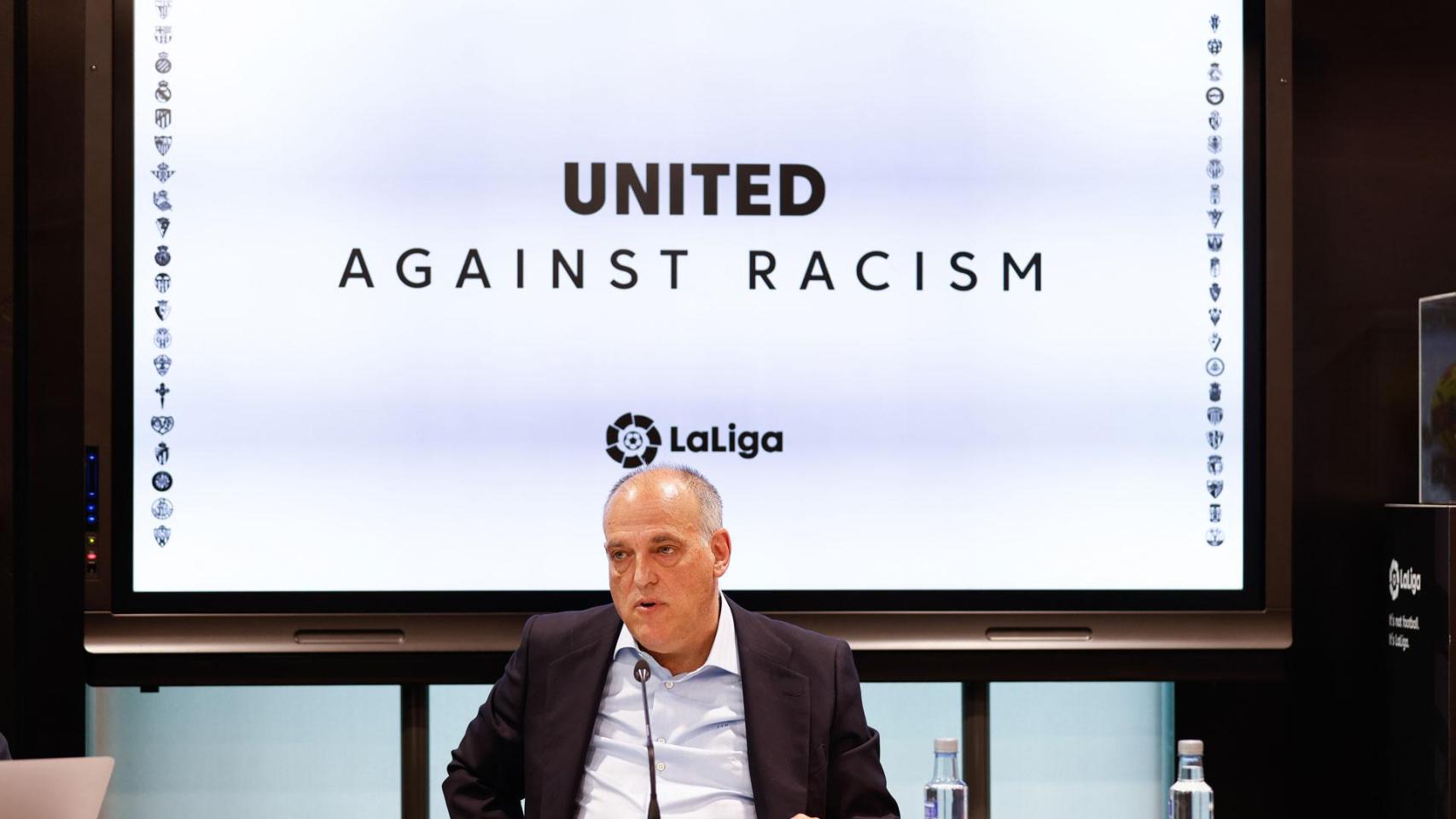 Javier Tebas, en un acto de LaLiga contra el racismo.