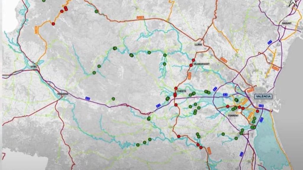 Los puntos rojos señalan las obras de emergencia de la dana en la red autonómica; los puntos verdes las de la red local. GVA