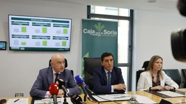El presidente de Caja Rural de Soria, Carlos Martínez; el director general, Domingo Barca; y la directora financiera, María del Carmen Gil de Gómez
