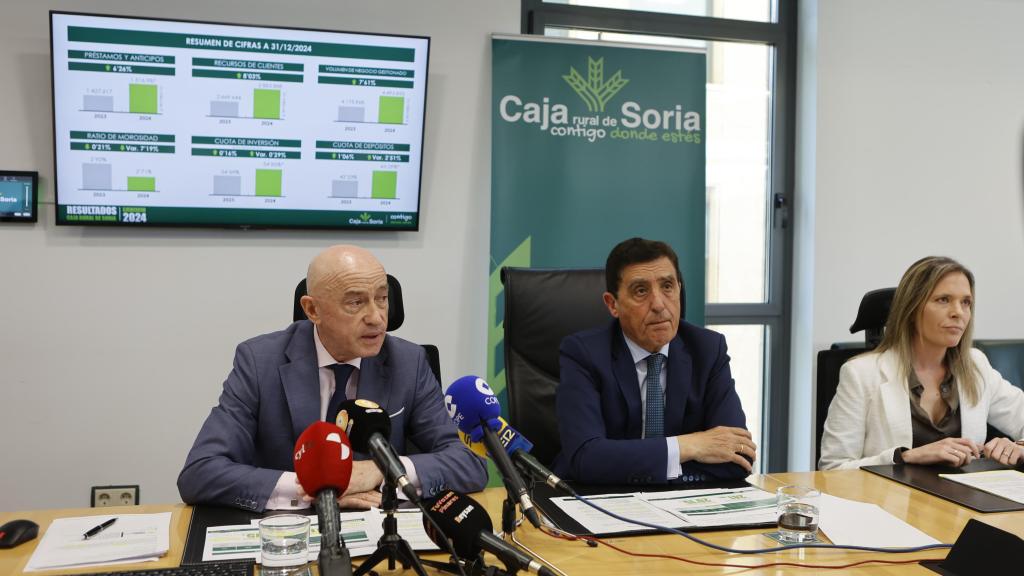 El presidente de Caja Rural de Soria, Carlos Martínez; el director general, Domingo Barca; y la directora financiera, María del Carmen Gil de Gómez