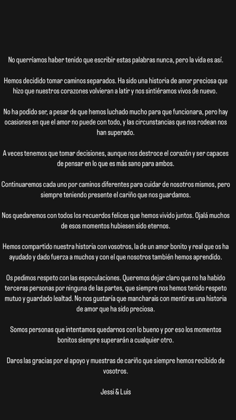Comunicado de Jessica Bueno y Luitingo.