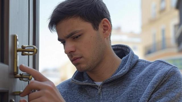 Imagen de archivo de un joven con una puerta.
