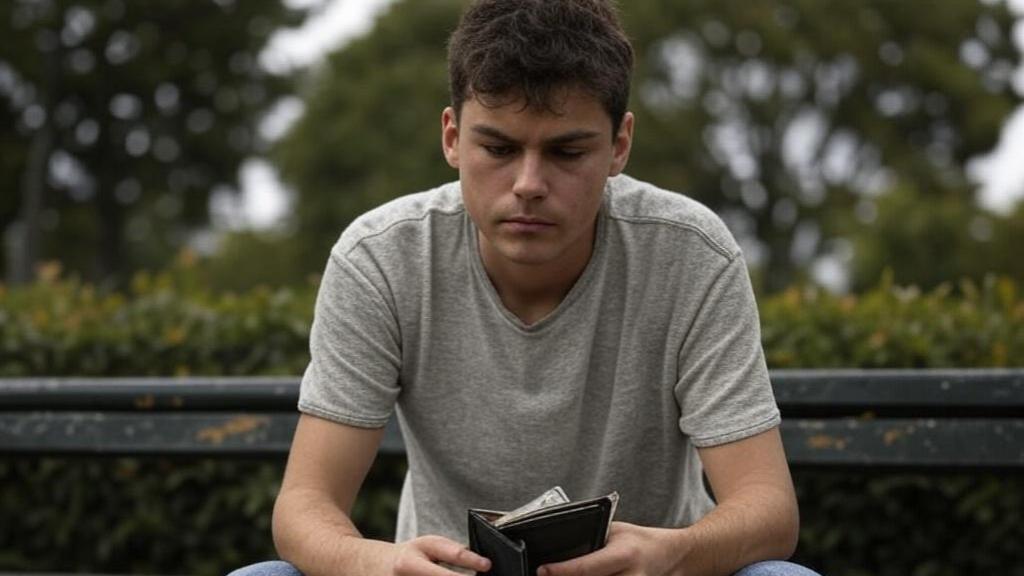 Imagen de un joven con poco dinero en su cartera.