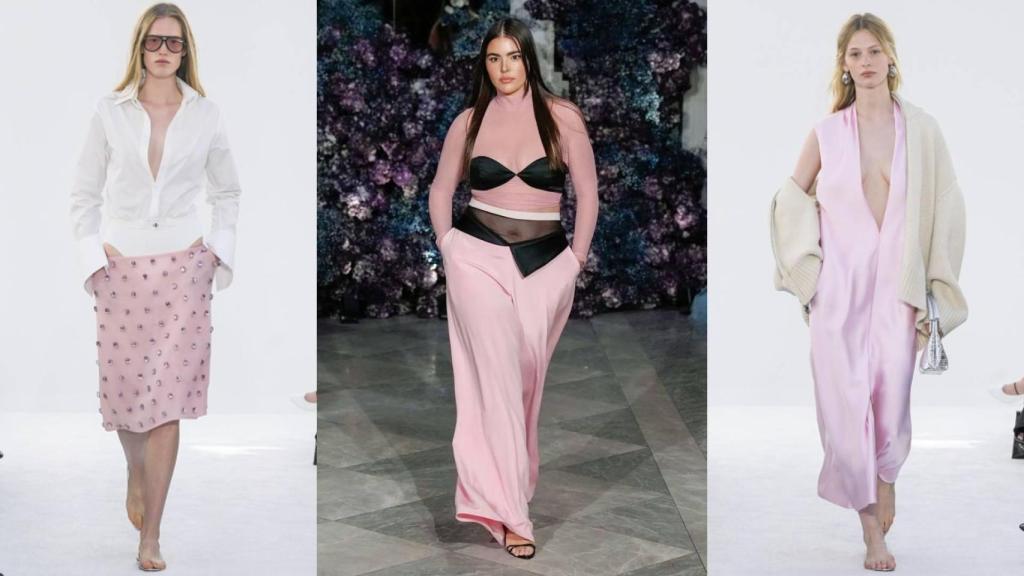 SIluetas que lucen el color tendencia rosa palo en desfiles.